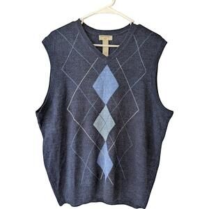 Dockers Men's Large Navy Blue Argyle V-Neck Sweater Vest 100% Acrylic Golf Retro